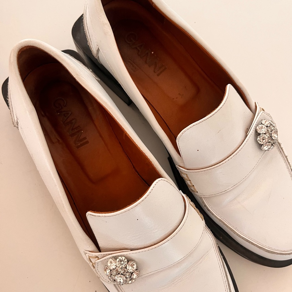 Ganni White Leather Loafers with Crystal Brooches - Picture 1 of 4